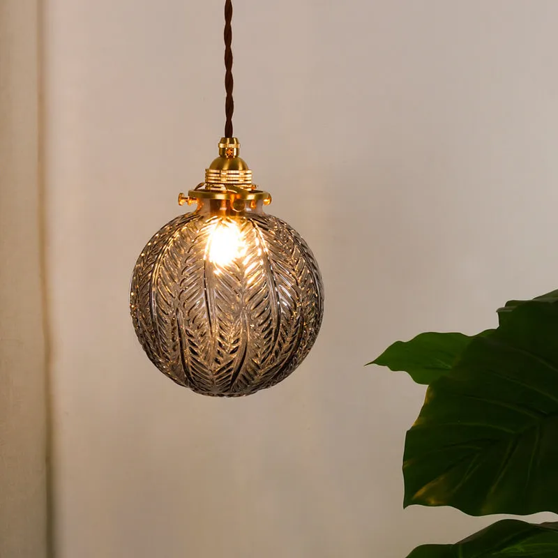 Japanese vintage copper and glass chandelier with round five-cup leaf design for entrance