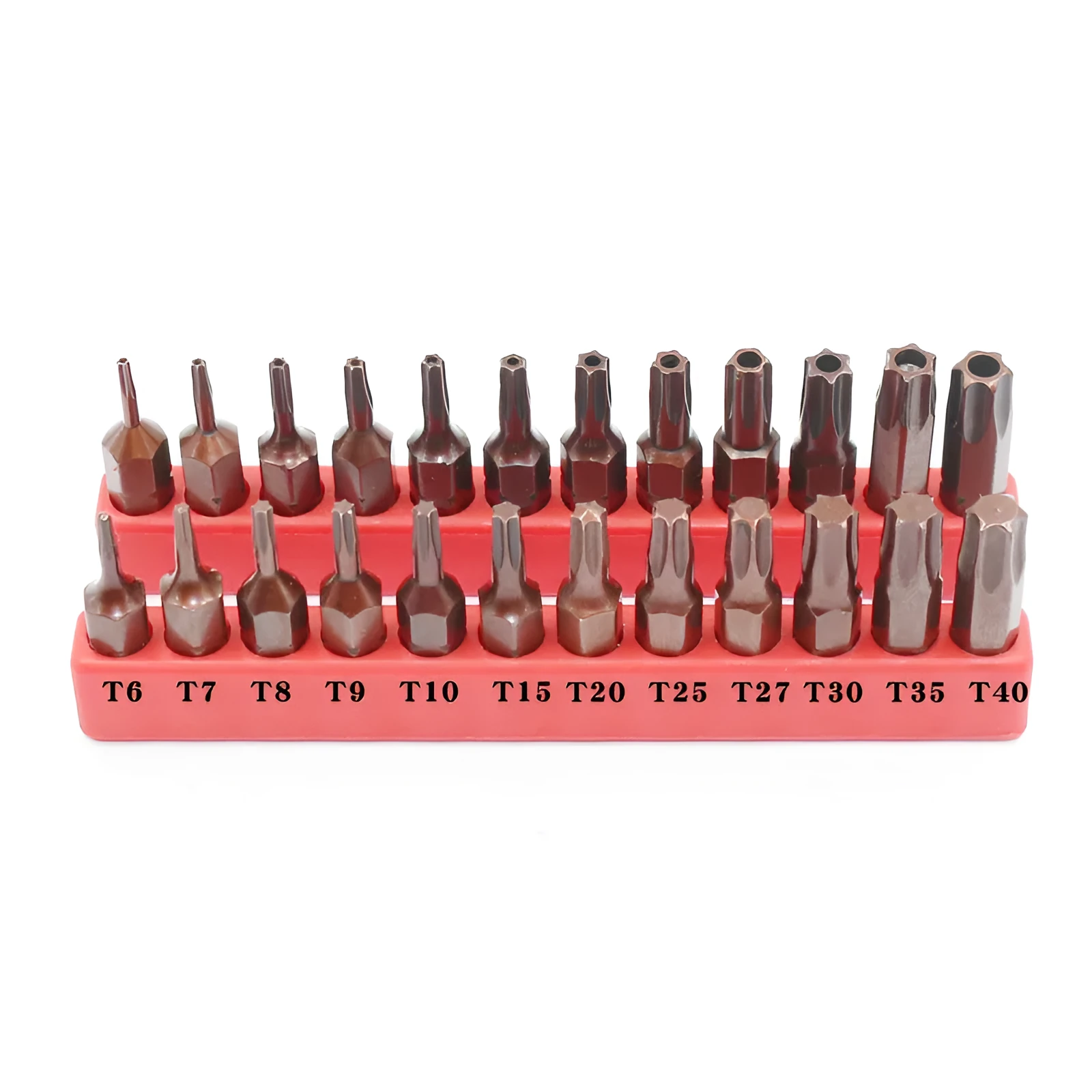 Black steel hex screwdriver bit set with sizes from T6 to T40 and magnetic tips.