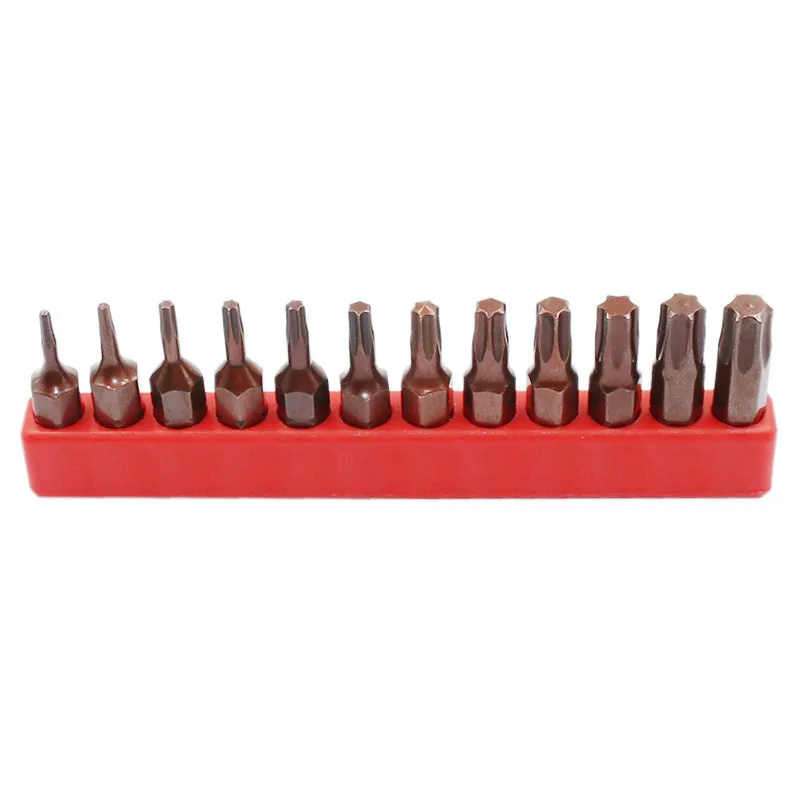 Black steel hex screwdriver bit set with sizes from T6 to T40 and magnetic tips.