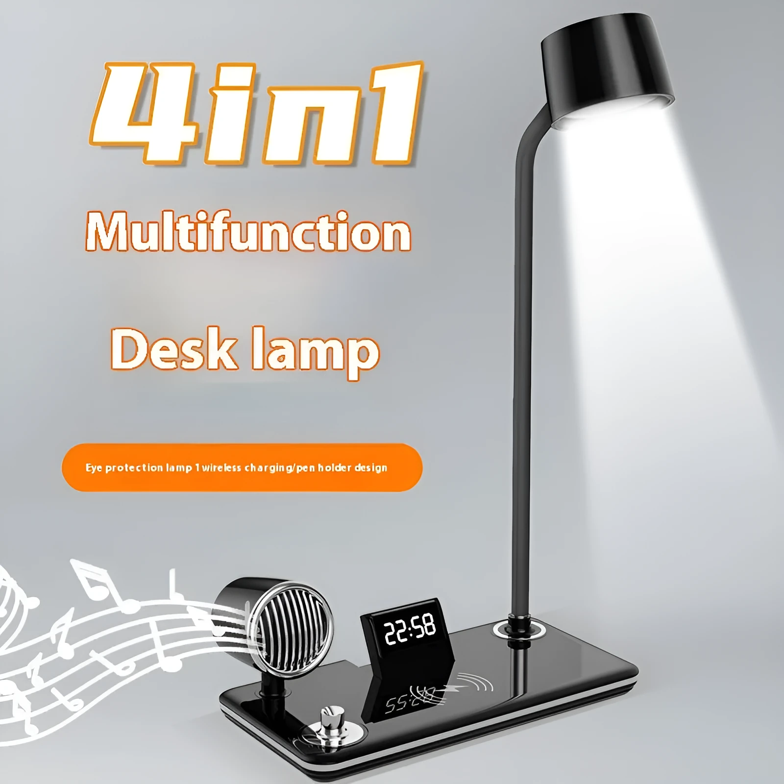 Black wireless charging desk lamp with digital clock display and adjustable LED lighting