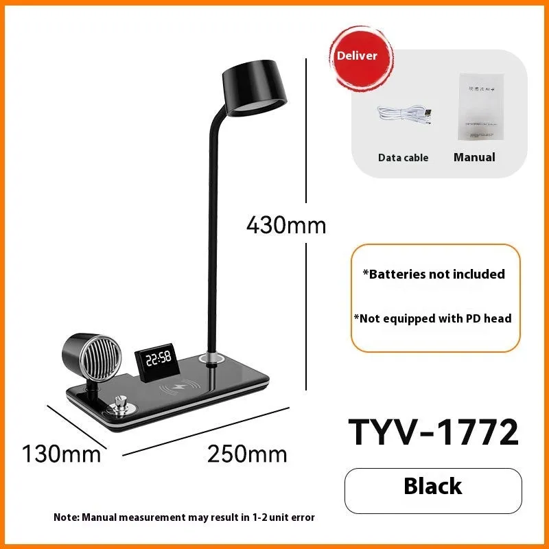 Black wireless charging desk lamp with digital clock display and adjustable LED lighting