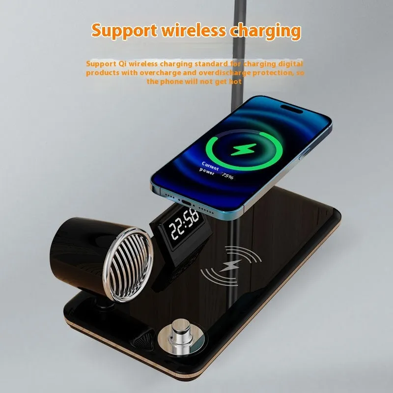 Black wireless charging desk lamp with digital clock display and adjustable LED lighting