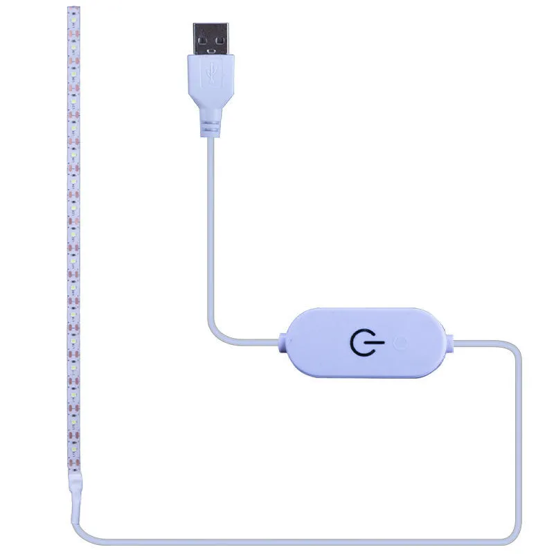 Flexible silicone USB LED light strip bent into a curve, showing touch control button and 3M adhesive backing.