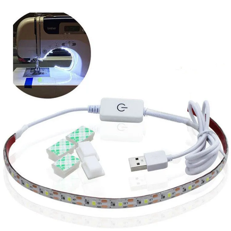 Flexible silicone USB LED light strip bent into a curve, showing touch control button and 3M adhesive backing.