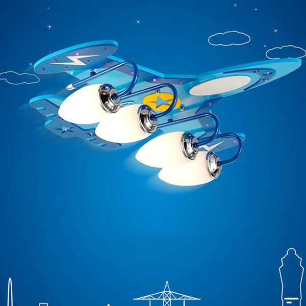 Cartoon aeroplane design children's ceiling light with wood frame and rectangular glass shade.