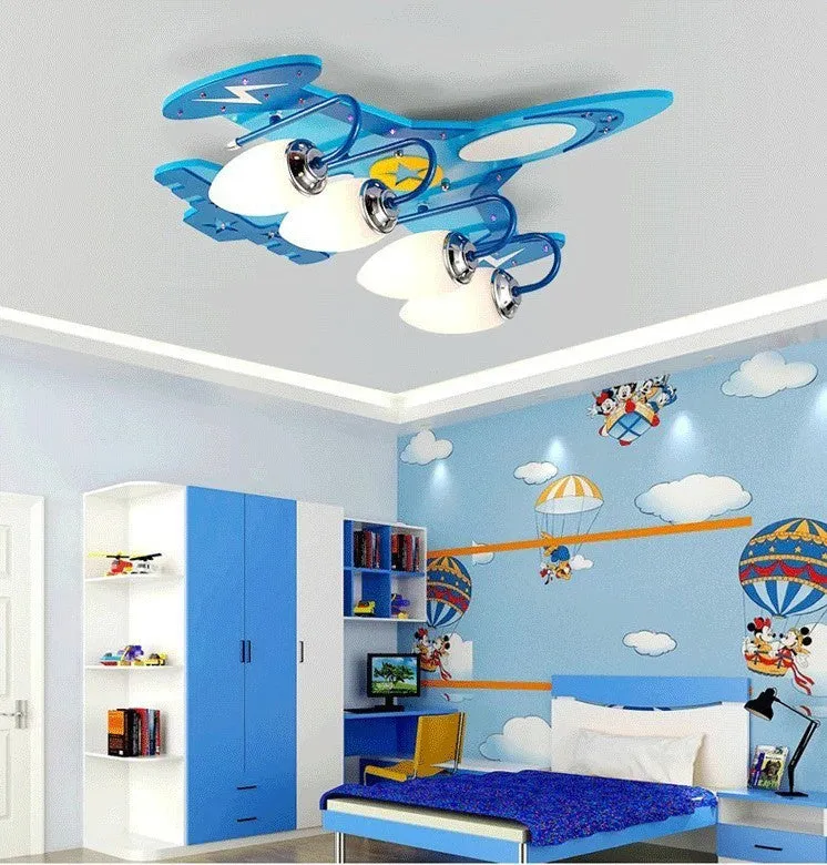 Cartoon aeroplane design children's ceiling light with wood frame and rectangular glass shade.