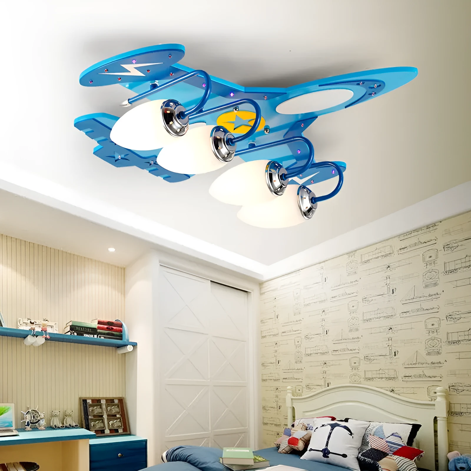 Cartoon aeroplane design children's ceiling light with wood frame and rectangular glass shade.