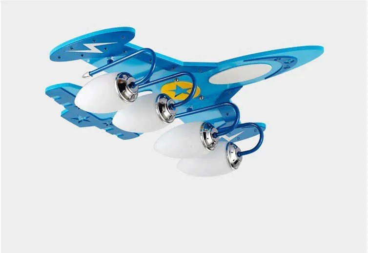 Cartoon aeroplane design children's ceiling light with wood frame and rectangular glass shade.