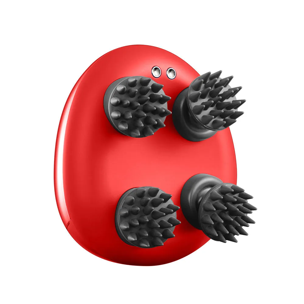 Red electrical scalp massager with 120mm head showing dimensions 110x120x82mm