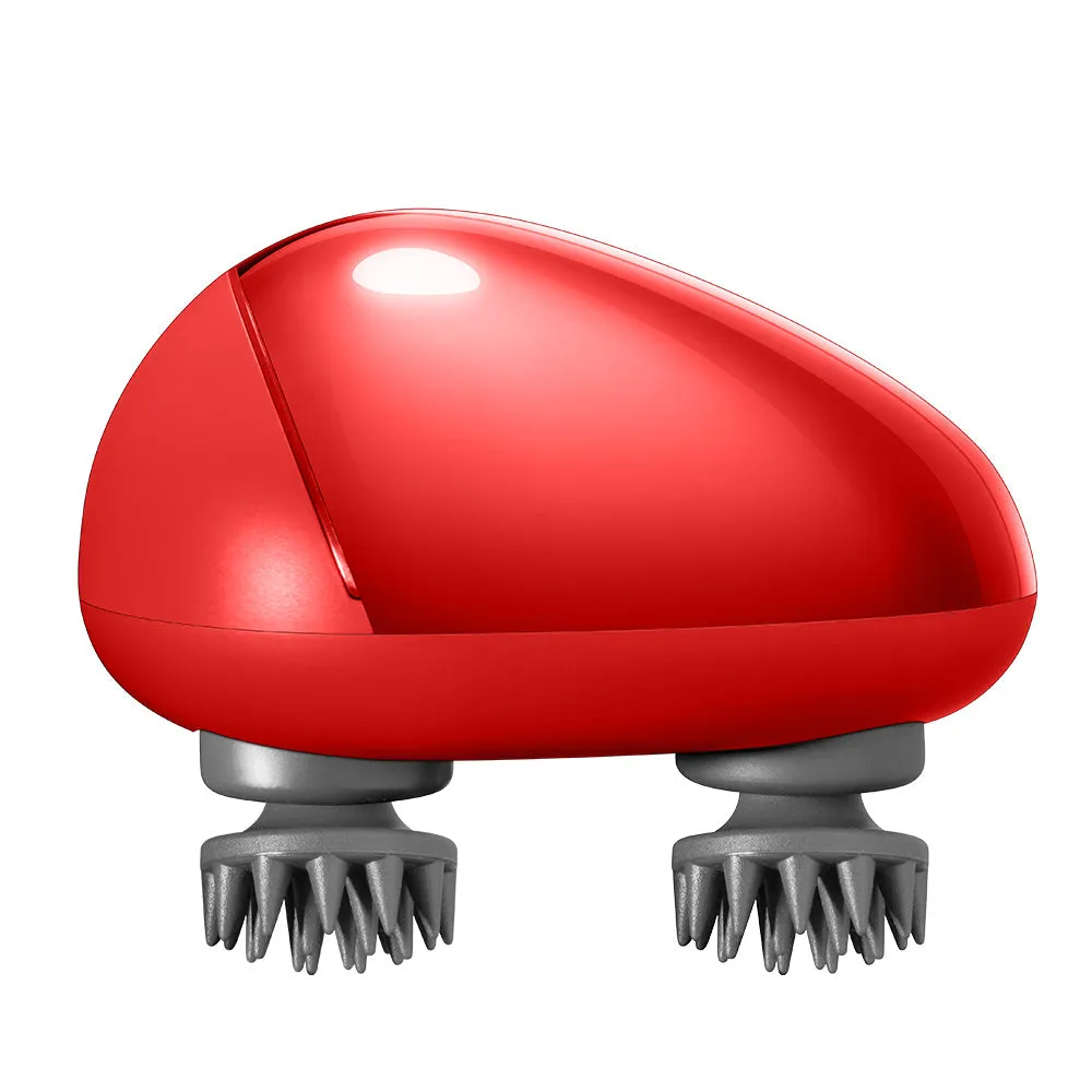 Red electrical scalp massager with 120mm head showing dimensions 110x120x82mm