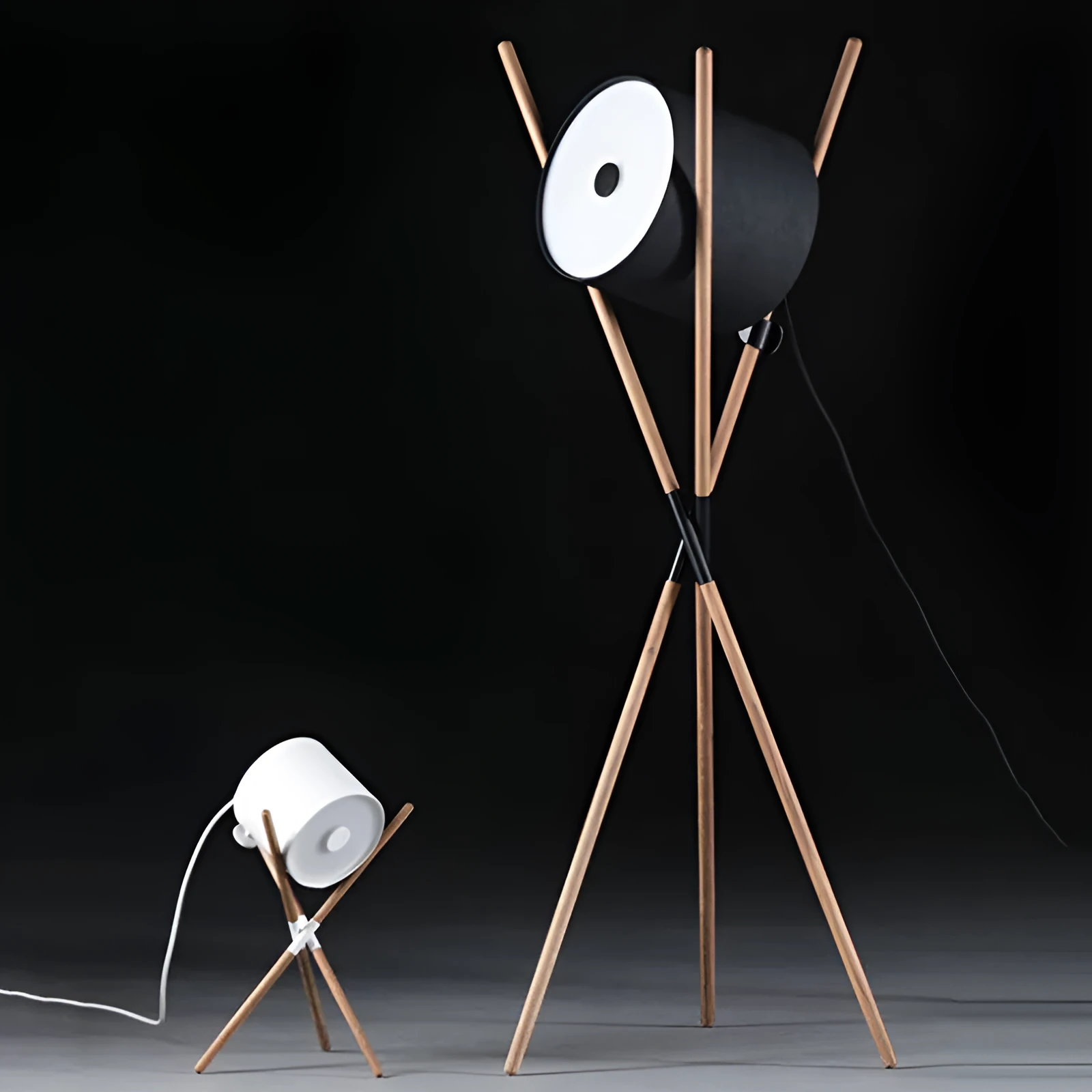 Modern wooden three-fork LED floor lamp with white acrylic shade in a living room setting.