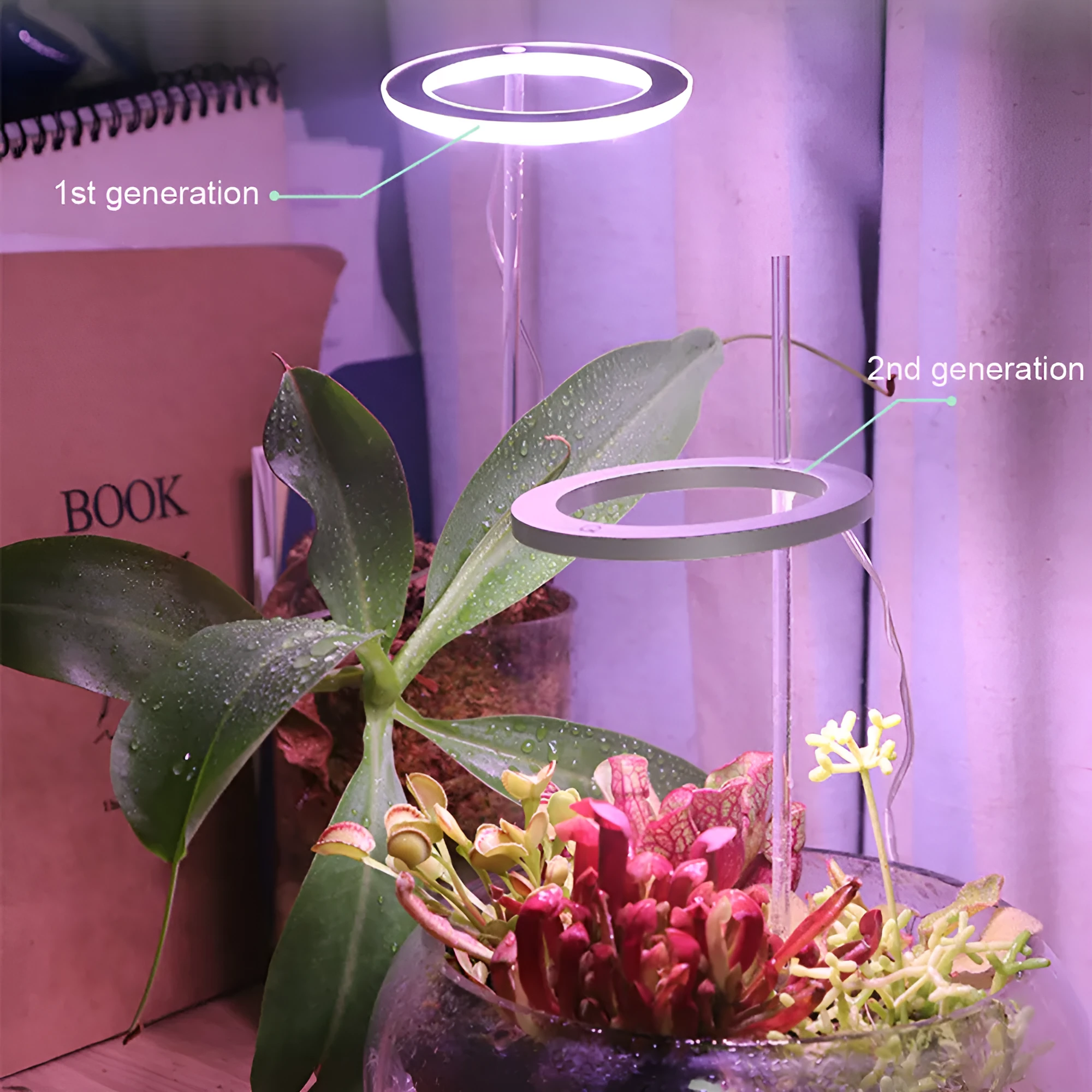USB-powered LED grow light for indoor plants with circular design and configurable lighting heads