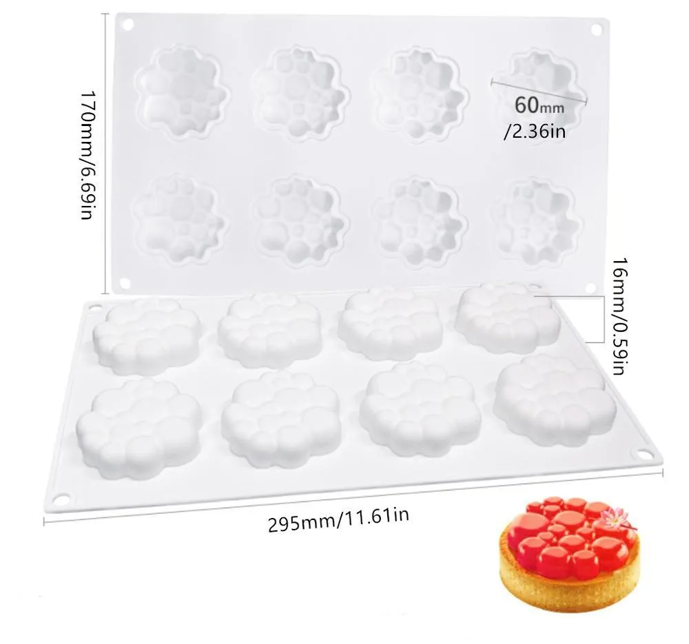 Round silicone baking mould with eight bubble indentations for cakes and desserts