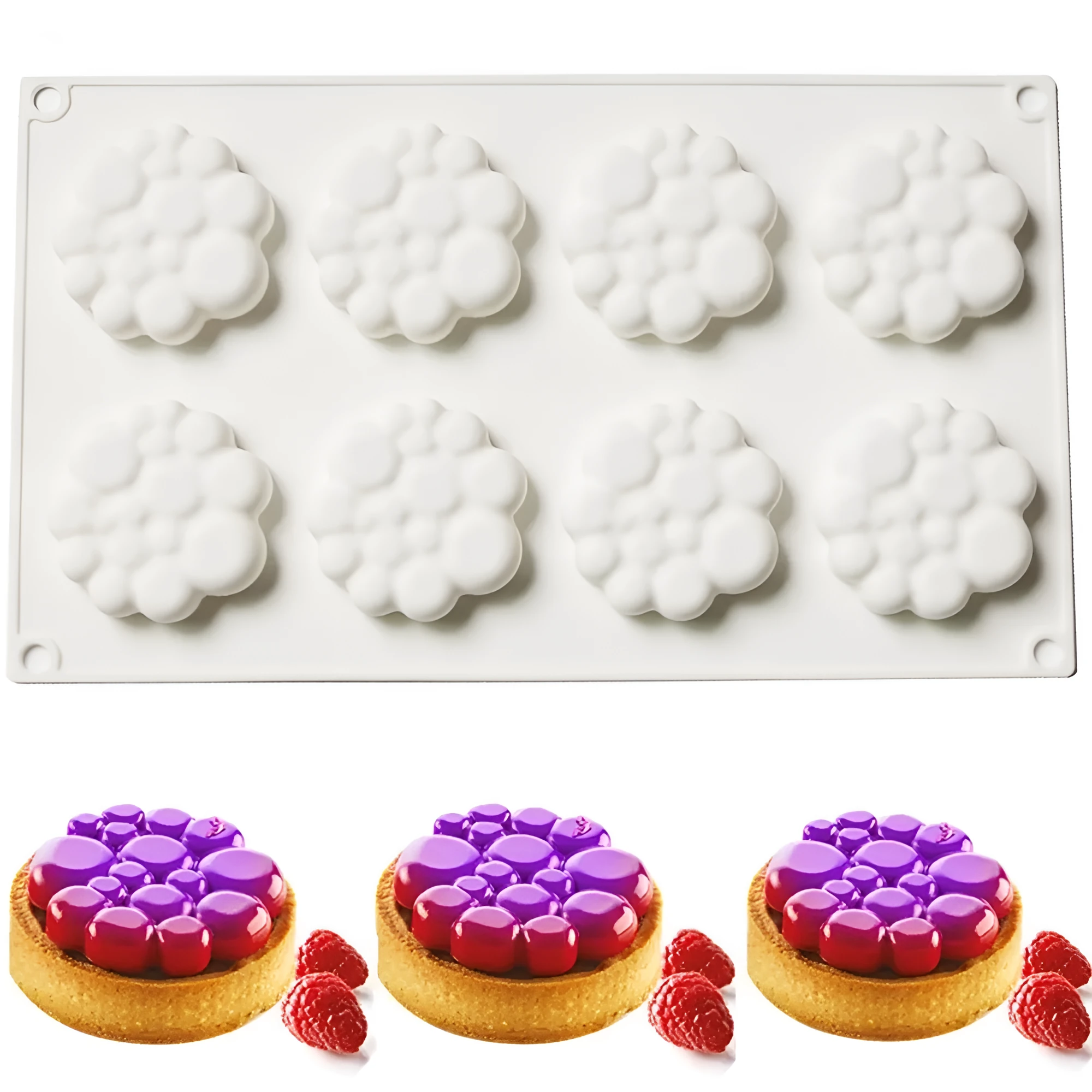 Round silicone baking mould with eight bubble indentations for cakes and desserts