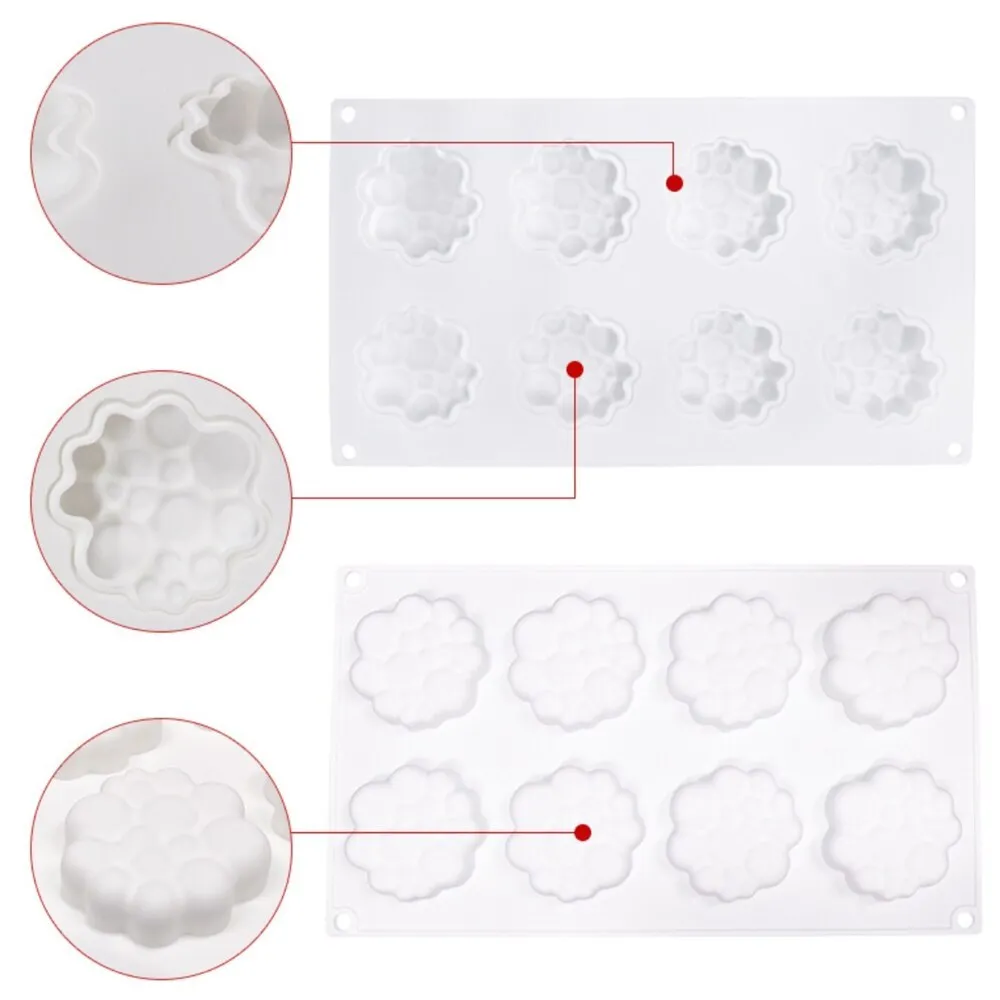 Round silicone baking mould with eight bubble indentations for cakes and desserts