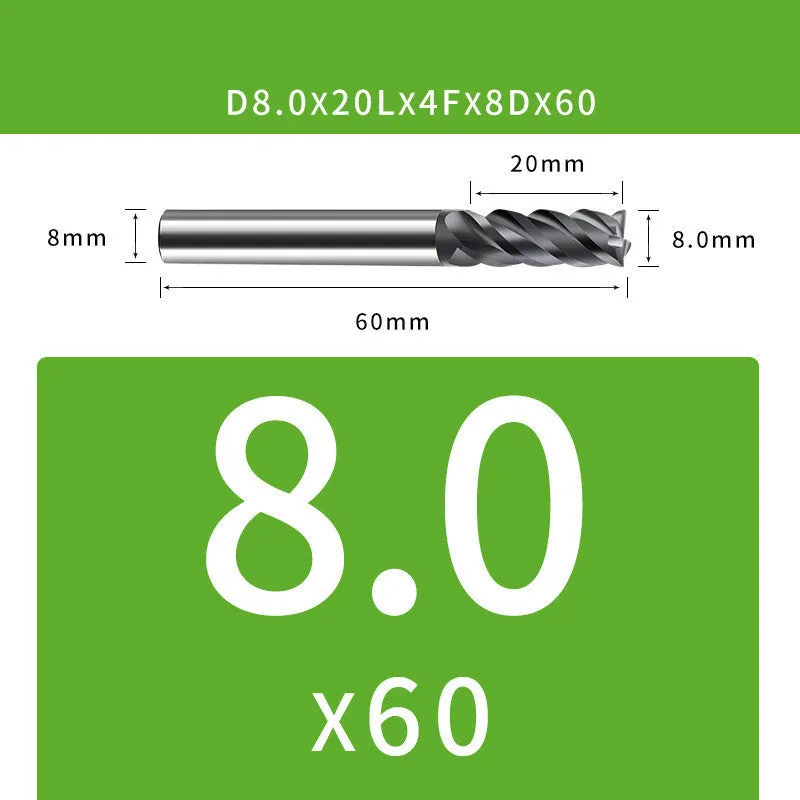 Tungsten steel 4-blade end mill with 35° helix angle showing cutting edges and dimensional specifications