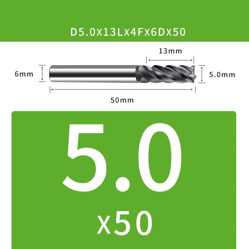 Tungsten steel 4-blade end mill with 35° helix angle showing cutting edges and dimensional specifications