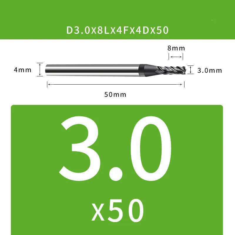 Tungsten steel 4-blade end mill with 35° helix angle showing cutting edges and dimensional specifications