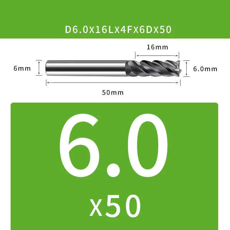 Tungsten steel 4-blade end mill with 35° helix angle showing cutting edges and dimensional specifications