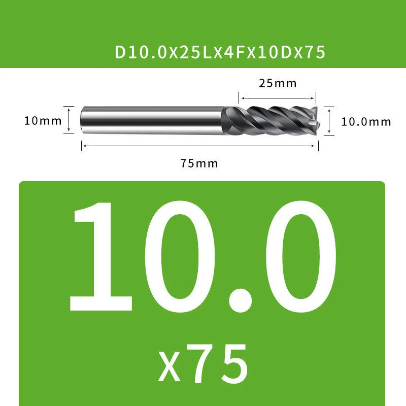 Tungsten steel 4-blade end mill with 35° helix angle showing cutting edges and dimensional specifications