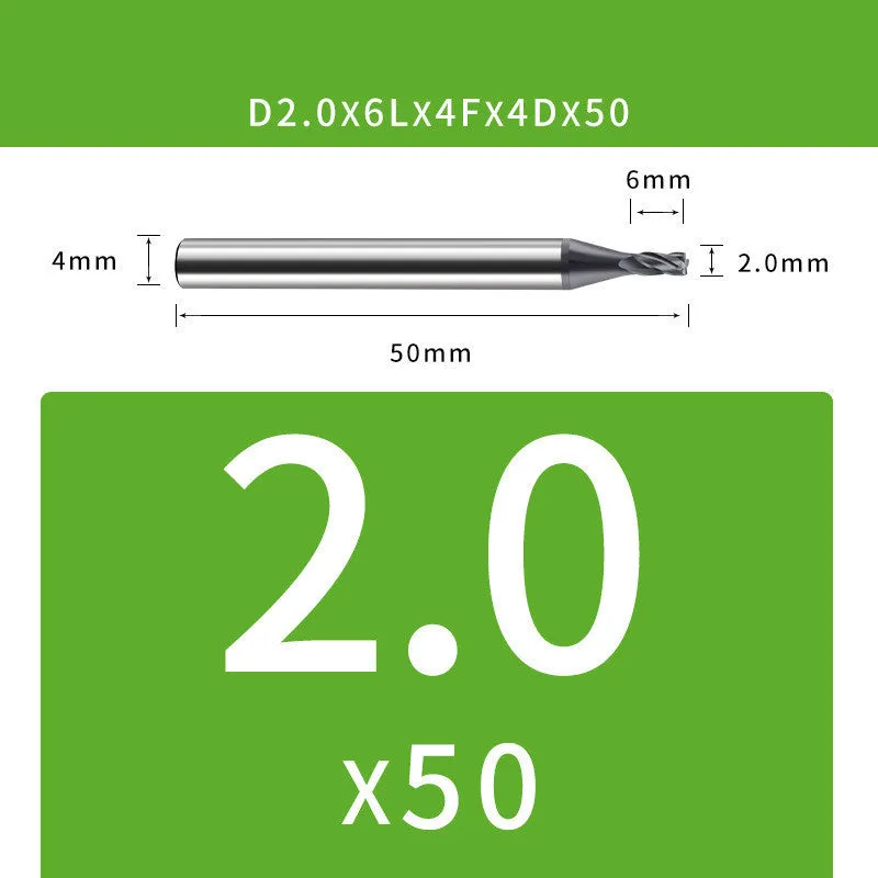 Tungsten steel 4-blade end mill with 35° helix angle showing cutting edges and dimensional specifications