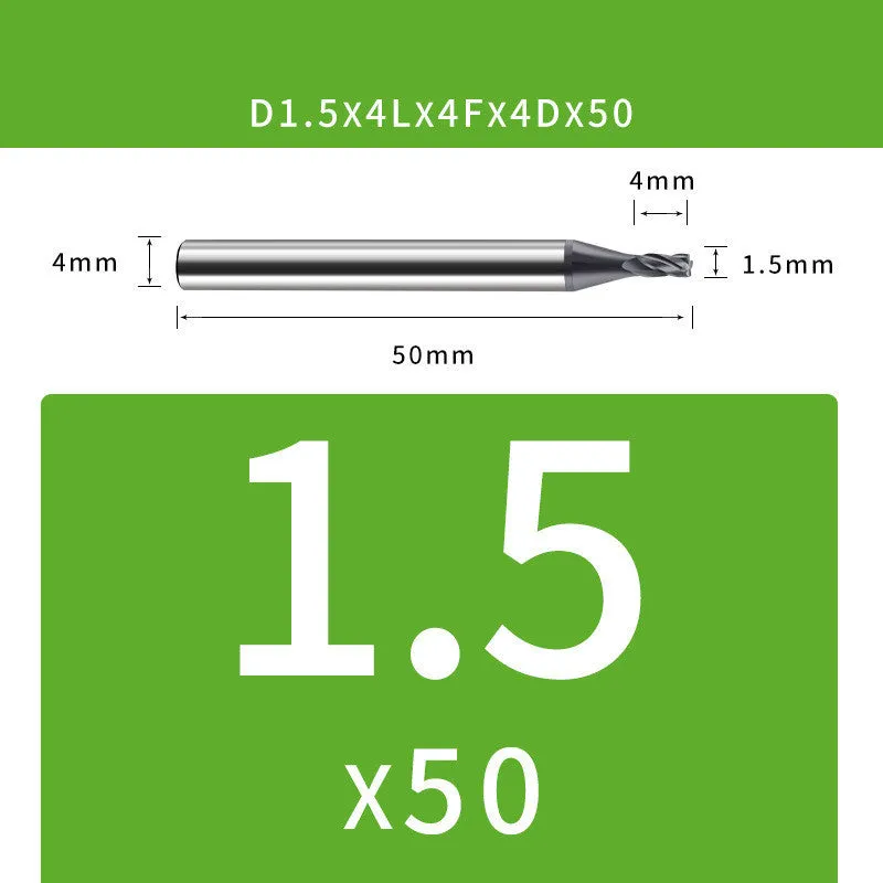 Tungsten steel 4-blade end mill with 35° helix angle showing cutting edges and dimensional specifications