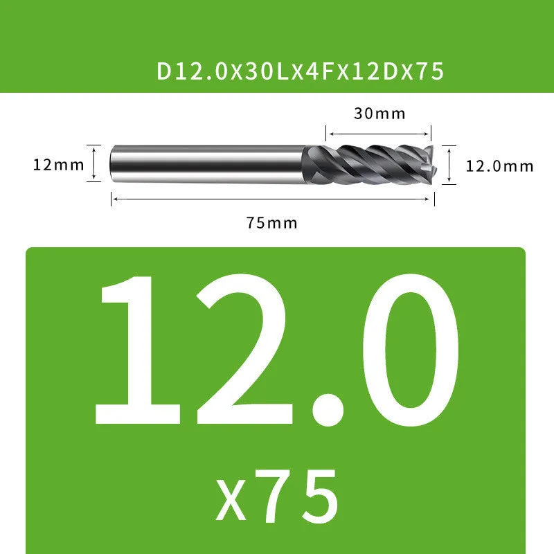 Tungsten steel 4-blade end mill with 35° helix angle showing cutting edges and dimensional specifications
