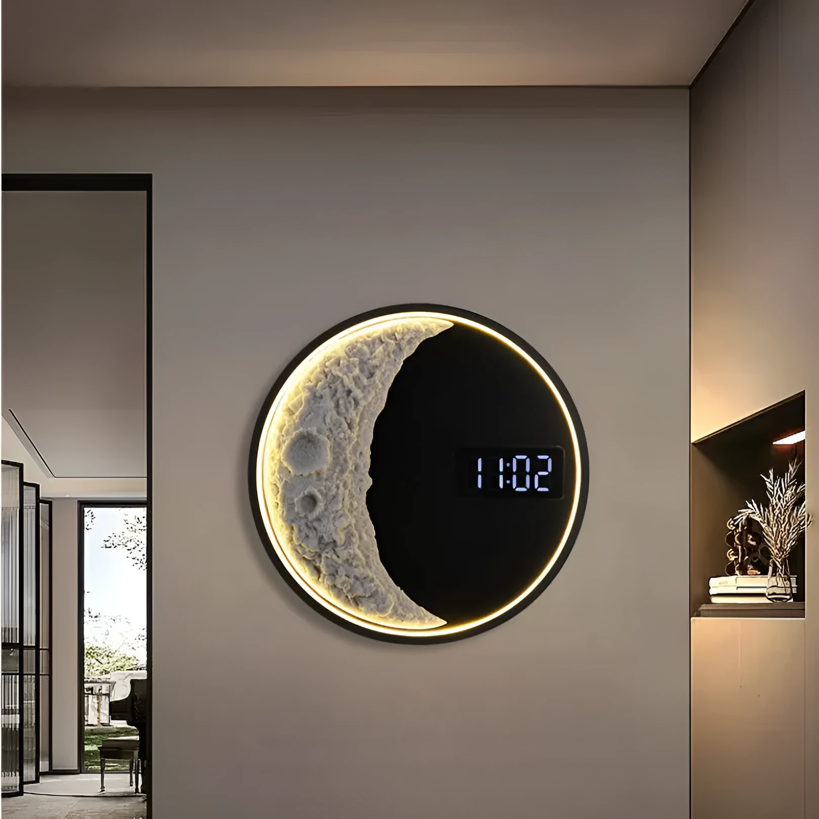 40cm circular moon wall lamp with LED backlight and black metal frame