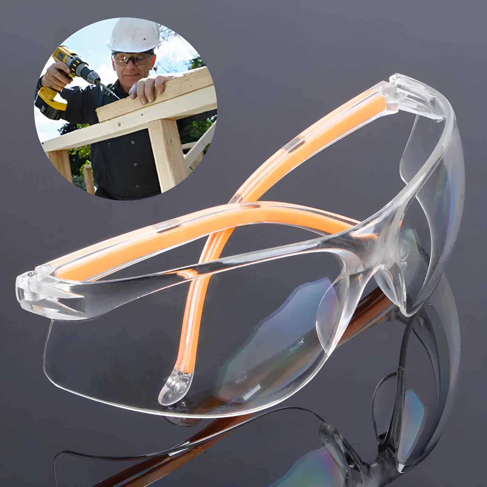 Transparent safety goggles with yellow frame made from impact-resistant polycarbonate