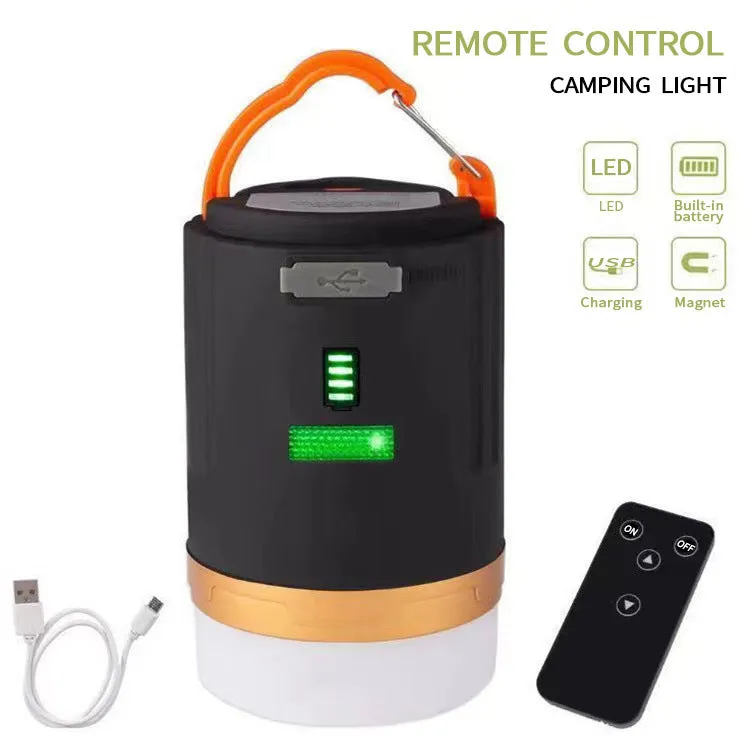 Black remote control emergency camping light with LED bulb for outdoor use.