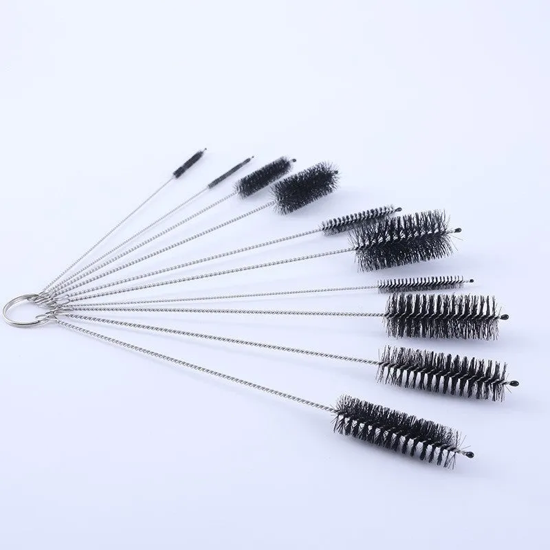 Set of stainless steel handled cleaning brushes with nylon bristles for straws and bottles.