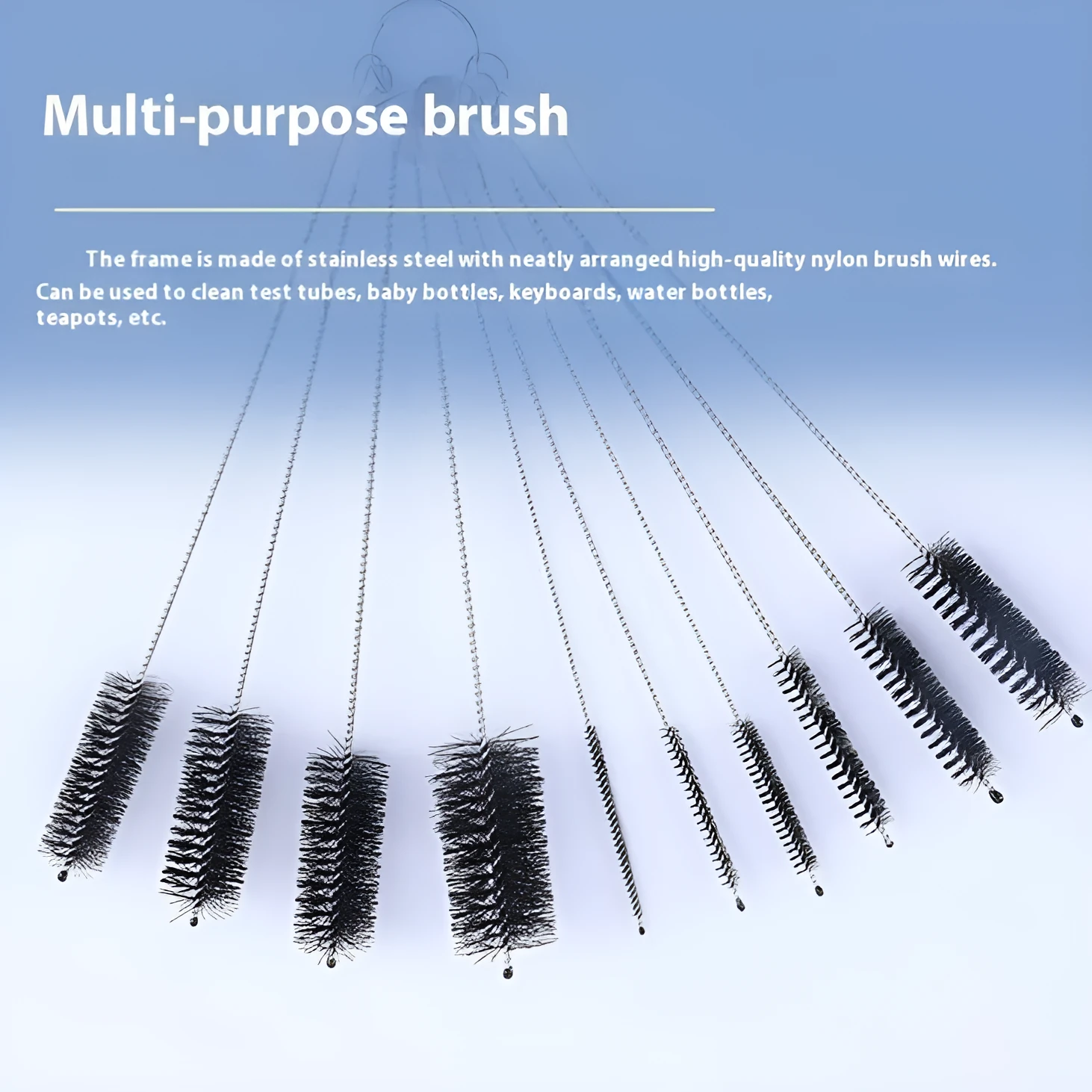 Set of stainless steel handled cleaning brushes with nylon bristles for straws and bottles.