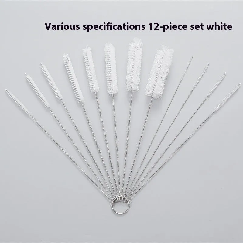 Set of stainless steel handled cleaning brushes with nylon bristles for straws and bottles.