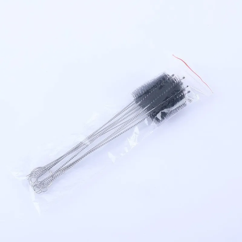 Set of stainless steel handled cleaning brushes with nylon bristles for straws and bottles.