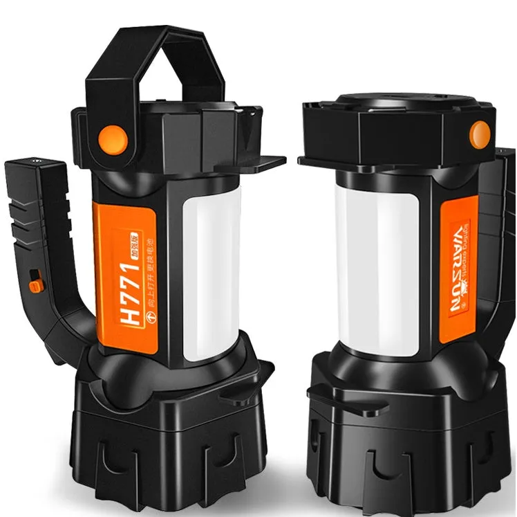 H771 portable orange or green camping lamp with removable battery and shoulder strap.