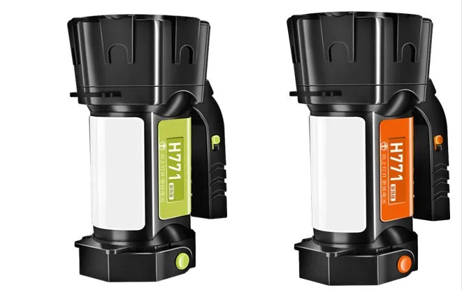 H771 portable orange or green camping lamp with removable battery and shoulder strap.