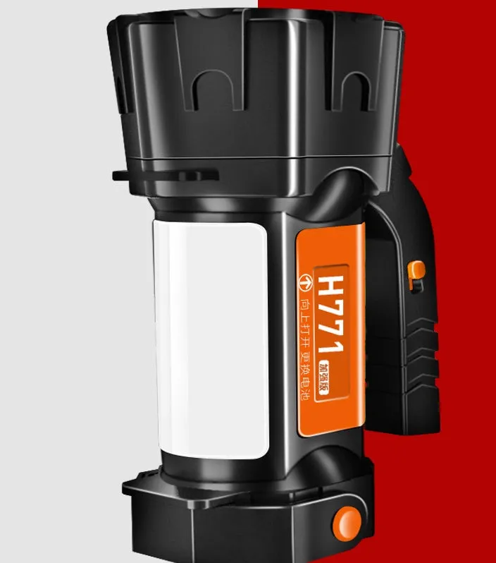 H771 portable orange or green camping lamp with removable battery and shoulder strap.