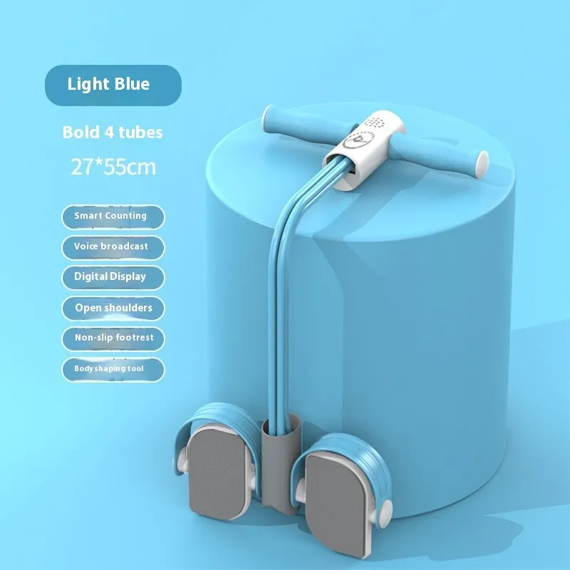 Blue portable abdominal foot pedal exercise device with elastic resistance tubes.