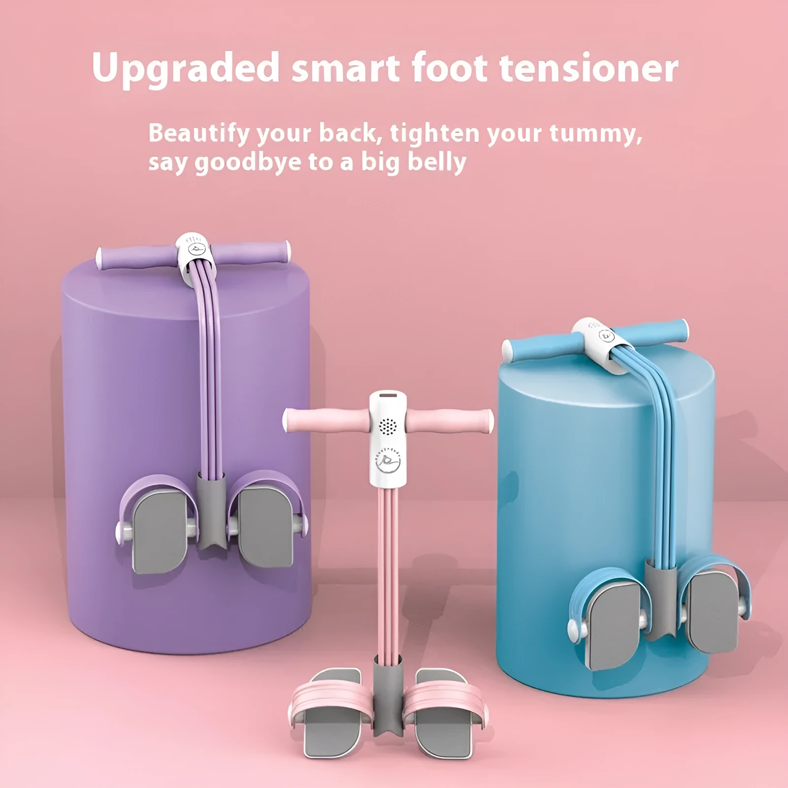 Blue portable abdominal foot pedal exercise device with elastic resistance tubes.