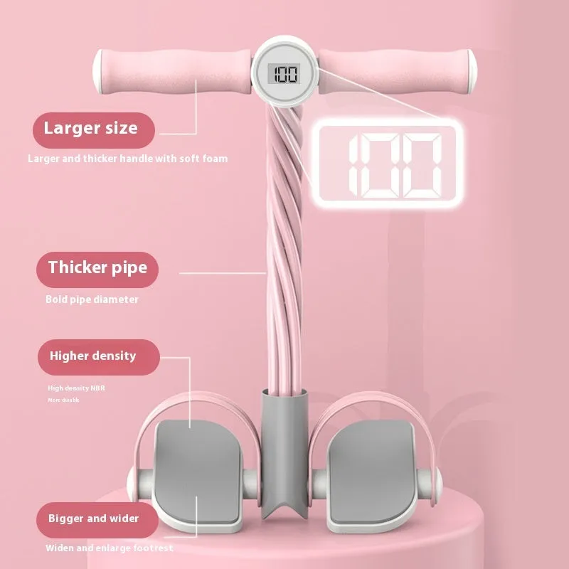 Blue portable abdominal foot pedal exercise device with elastic resistance tubes.