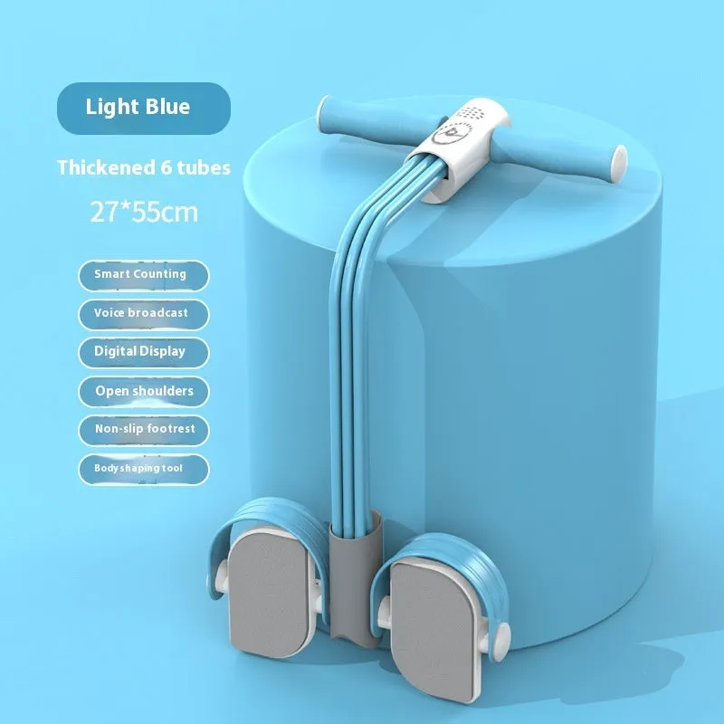 Blue portable abdominal foot pedal exercise device with elastic resistance tubes.