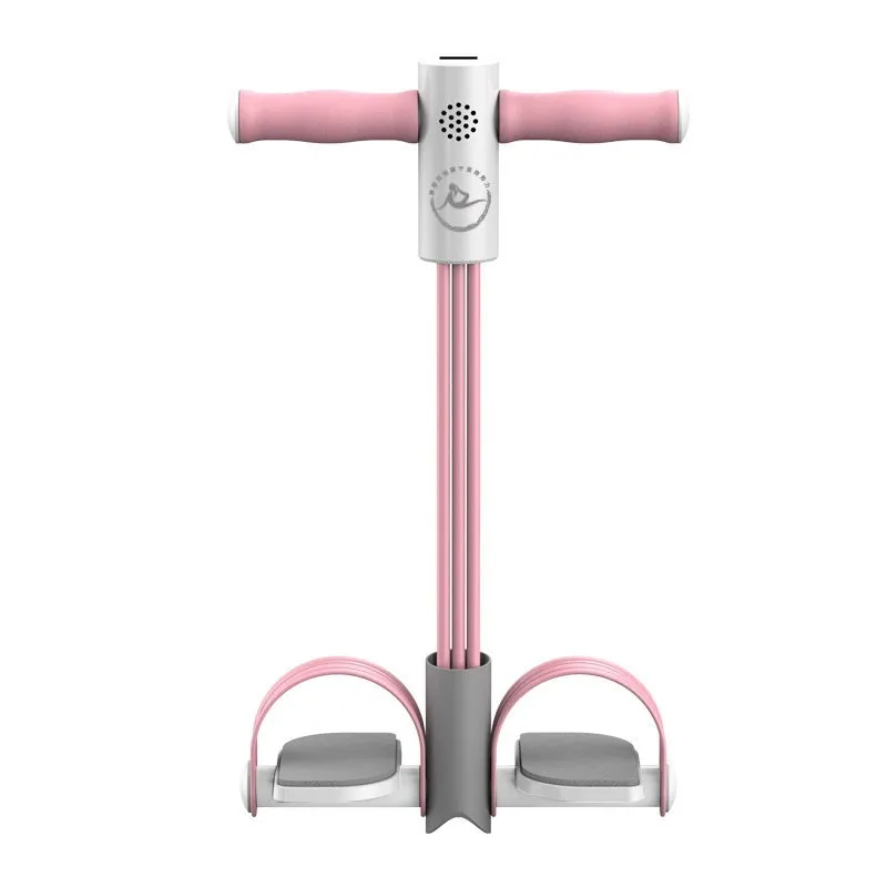 Blue portable abdominal foot pedal exercise device with elastic resistance tubes.