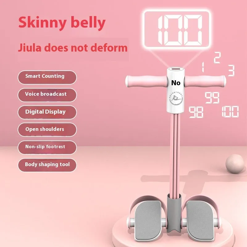 Blue portable abdominal foot pedal exercise device with elastic resistance tubes.