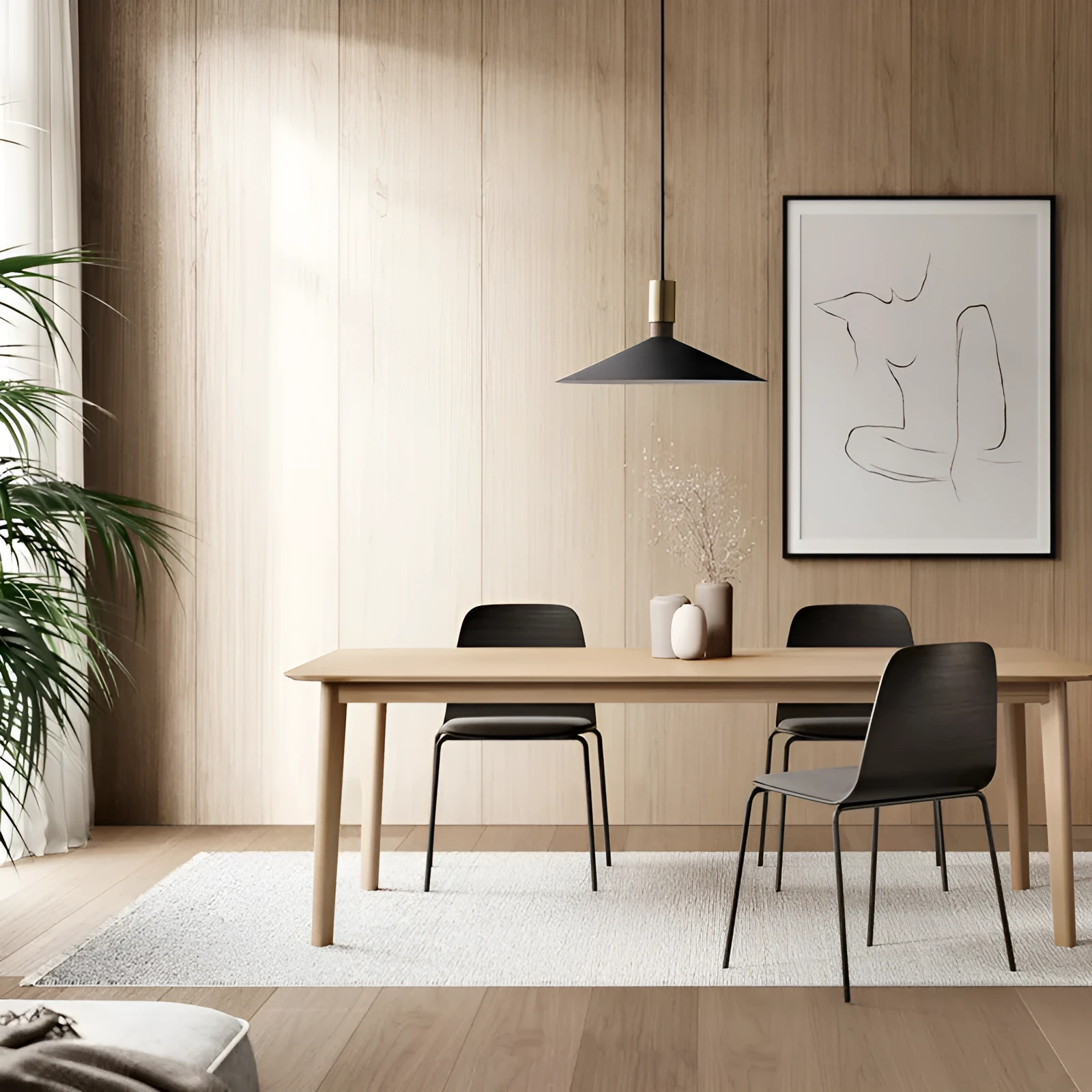 Minimalist round single-headed iron pendant lamp in black, shown in a dining setting.