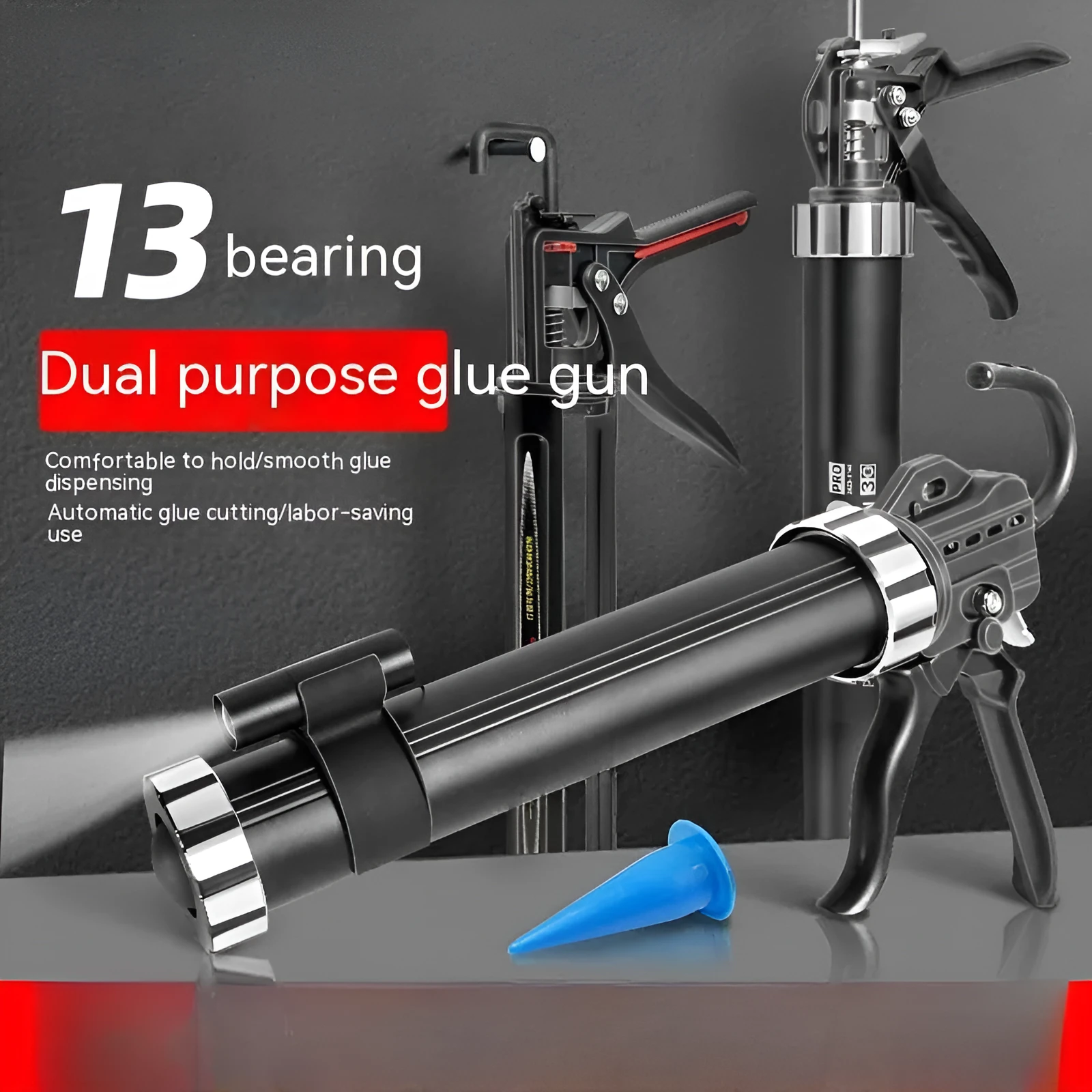 Aluminium alloy manual glue gun with 13 bearing structure for sealant application.