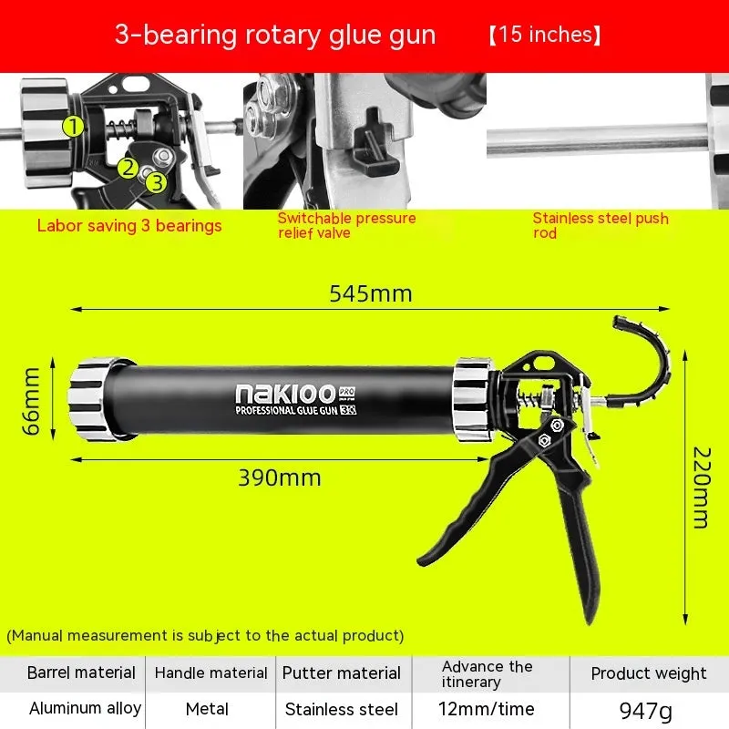 Aluminium alloy manual glue gun with 13 bearing structure for sealant application.