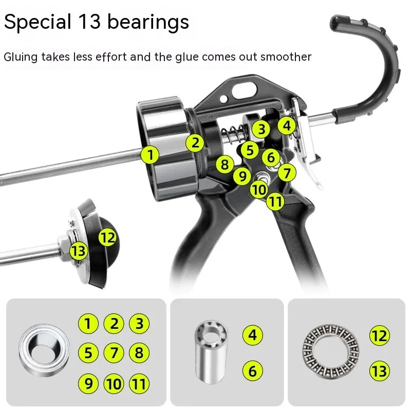 Aluminium alloy manual glue gun with 13 bearing structure for sealant application.
