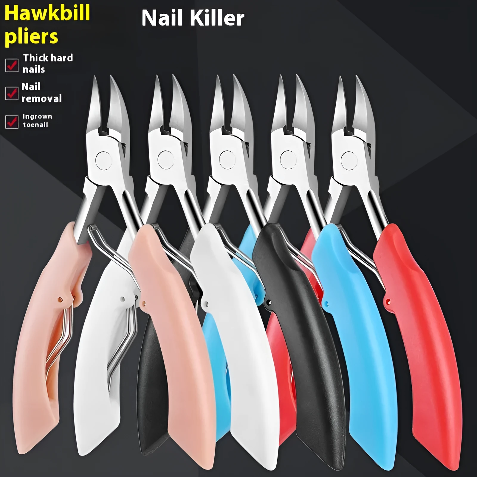 Bevel groove nail slot pliers in black, red, blue, pink and white colours on a white background.