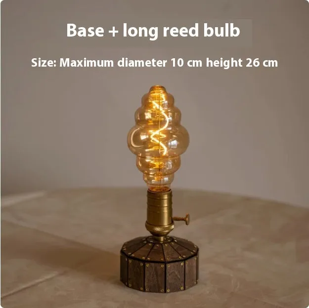 Retro glass USB charging bedside lamp with wooden base and ST64 style bulb