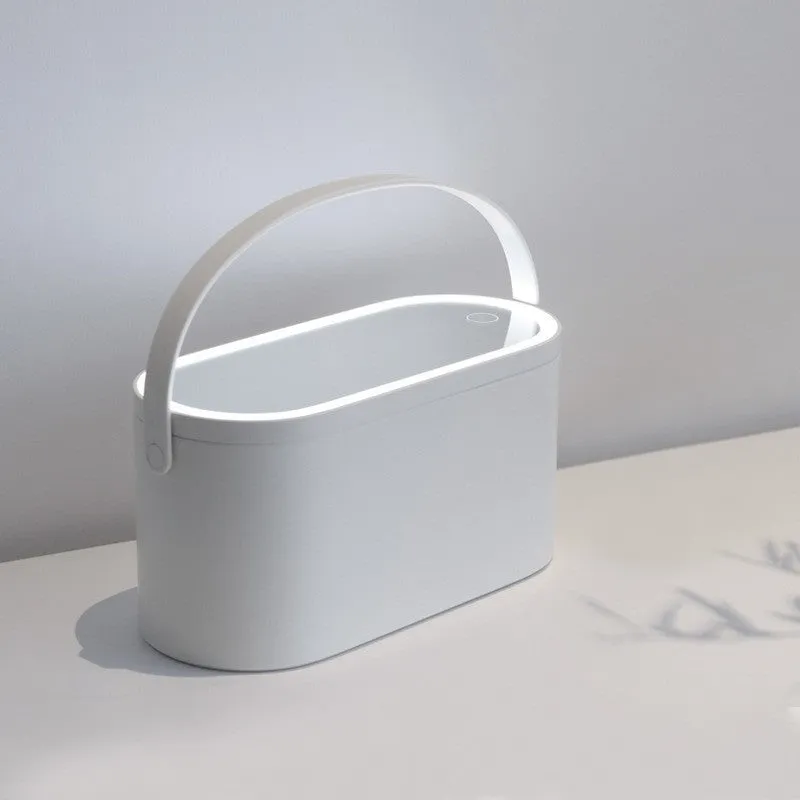 Portable pink plastic storage box with a built-in rectangular aluminium makeup mirror.